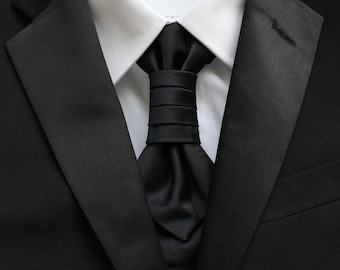 Ebony Black Solid Satin Pre-Tied Ruche Cravat Necktie | Black Ascot | Victorian Tie | Edwardian Tie | British Tie