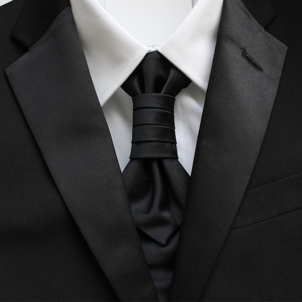 Ebony Black Solid Satin Pre-Tied Ruche Cravat Necktie | Black Ascot | Victorian Tie | Edwardian Tie | British Tie