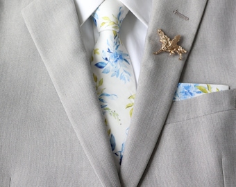 Dylan Blue Floral Men's Tie & Pocket Square Set | Blue Necktie | Floral Tie | Blue Wedding | Gifts for Him | Father's Day | Wedding Outfit