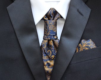 Sadie Dark Blue & Gold Paisley Satin Pre-Tied Ruche Cravat Necktie | Ascot | Victorian Tie | Edwardian Tie | British Tie