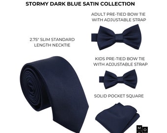 Stormy Navy Dunkelblau Satin Herren Slim Krawatte | Dunkelblaue Krawatte | Blaue Hochzeiten | Azazie Stormy | Herren Fliegen | Bräutigam Trauzeugen Krawatte