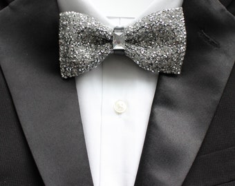 Silver Sparkly Bowtie for Men | Beaded Rhinestone Crystal Bow Tie |Silver Bow Tie | Cruise Formal Bowties | Groom Groomsmen Wedding