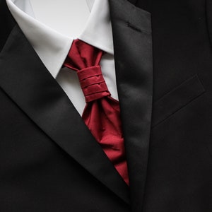 Ruby Burgundy Solid Pre-Tied Ruche Cravat Necktie & Pocket Square Set | Burgundy Ascot | Victorian Tie | Edwardian Tie | British Tie