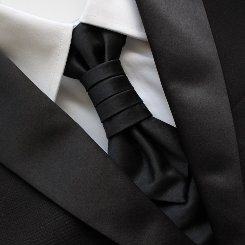 Ebony Black Solid Satin Pre-tied Ruche Cravat Necktie | Black Ascot ...