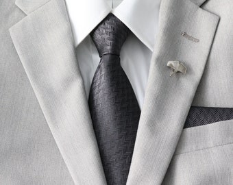 Gray Herringbone Men's Necktie with Pocket Square Set