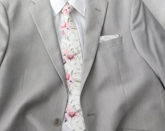 Dusty Rose Floral Necktie Wedding Groomsmen Accessory | Pink Tie for Men