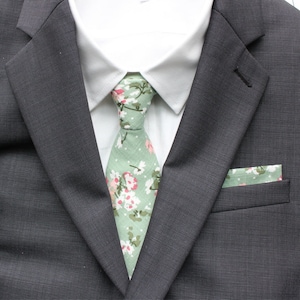 Taylor Sage Green Floral Men's Skinny Tie & Matching Pocket Square Set | Dusty Sage Necktie | Sage Green Tie | Green Floral Tie