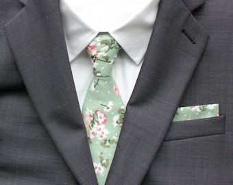 Taylor Sage Green Floral Men's Skinny Tie & Matching Pocket Square Set | Dusty Sage Necktie | Sage Green Tie | Green Floral Tie