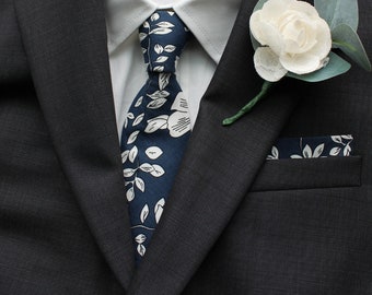 Casey Dark Blue Skinny Floral Tie | Navy Men's Necktie | Groom Groomsmen Tie | Blue Weddings | Pocket Square | Tie Set