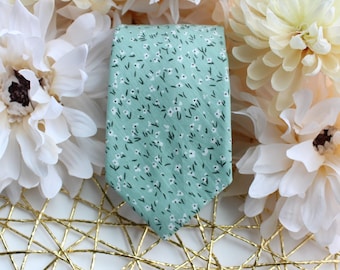 Kenyon Mint Green Floral Mens Skinny Necktie | Green Wedding Tie | Floral Tie | Wedding Neckties