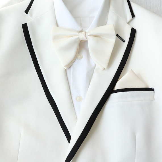 BOW-TIE ボウタイ Oversized Ivory Satin Men's Bow Tie | Cream Bowtie for Men | Ivory