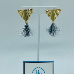 Tinseltown Gold Plated Art Deco Inspired Triangle Stud with Tinsel Tassel in Metallic Silver