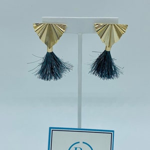 Tinseltown Gold Plated Art Deco Inspired Triangle Stud with Tinsel Tassel in Metallic Charcoal