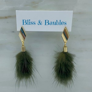 Nicole Gold Plated Rhombus Long Mink Poof Earrings Khaki Dark Green
