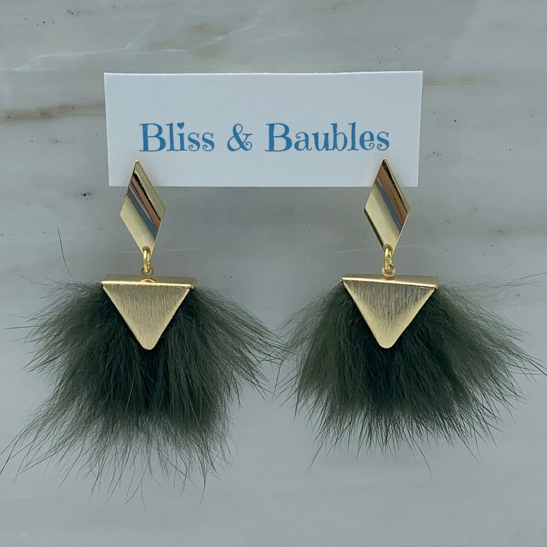 Donna Gold Plated Rhombus Rabbit Fur Earrings Khaki Dark Green - Etsy