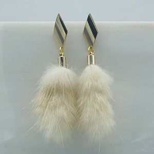 Nicole Gold Plated Rhombus Long Mink Poof Earring Beige