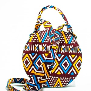 Handmade African Print Circle Bag, Coffee Brown, Yellow, Light Blue And White Bag