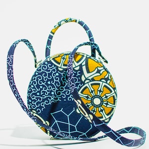 Handmade African print circle bag blue, gold & white bag