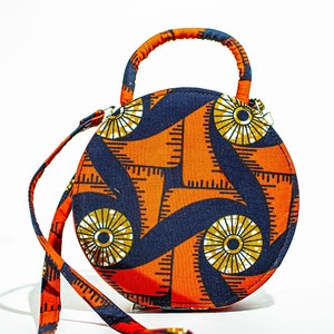 Handmade African Print Circle Bag Orange, Dark Blue, Gold & White