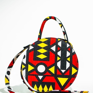 Handmade African Print Circle Bag Red, Yellow, Black And White Bag