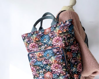 Großer Rucksack mit Reißverschluss und ausgefallenem Design | aus Outdoorstoff in blau und lila Blume für Boho Liebhaber | Tote Bag Rucksack