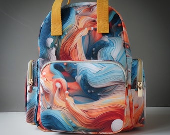 Sac à dos moyen Turquoise Orange liquid art | hydrofuge | Sac à dos artistique abstrait, nombreux compartiments, fermeture éclair, sac de tous les jours