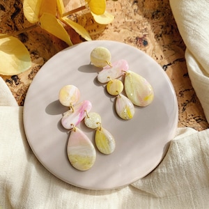 Light Statement Earrings | Boho Ladies Studs Yellow and Pink | eye-catching hanging earrings made of polymer clay and resin
