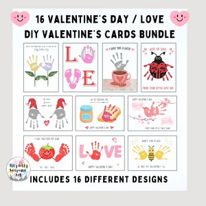 Paquete de 16 manualidades con huellas de manos y pies para el día de San Valentín, tarjetas de San Valentín para imprimir por uno mismo para niños, bebés y niños pequeños, regalos de recuerdo, tarjetas
