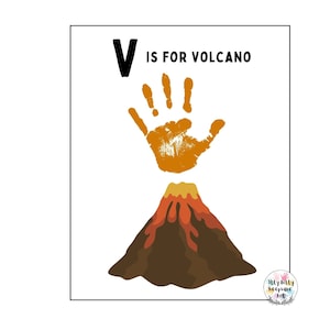 Plantilla de huella de mano con la letra V de volcán / Letra V / Manualidad con huella de mano para hacer uno mismo / Actividad preescolar / Manualidad para niños pequeños / Impresión artística para maestros / Educación en el hogar