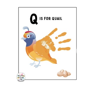 Plantilla de huella de mano con la letra Q de codorniz / Letra Q / Manualidad del alfabeto para hacer uno mismo / Actividad preescolar / Manualidad para niños pequeños / Impresión artística para maestros / Educación en el hogar