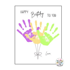 Plantilla de huella de mano de feliz cumpleaños / Tarjeta de cumpleaños / Arte de huellas de manos DIY / Arte preescolar / Actividad para niños pequeños / Manualidades de mamá y papá / Arte con globos