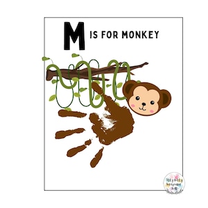 Plantilla de huella de mano de mono con la letra M / Manualidad del alfabeto para hacer uno mismo / Actividad preescolar / Manualidades para niños pequeños / Impresión artística para maestros / Educación en el hogar