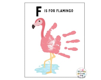 Flamingo Handprint Art Template: Letter F, DIY Craft (digital