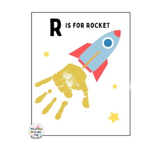 Plantilla de huella de mano con la letra R de Rocket / Letra R / Manualidad del alfabeto para hacer uno mismo / Actividad preescolar / Manualidad para niños pequeños / Impresión artística para maestros / Educación en el hogar
