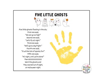 May include: A printable Halloween-themed activity sheet with a poem about five little ghosts. The poem is illustrated with five cartoon ghosts and a yellow handprint.