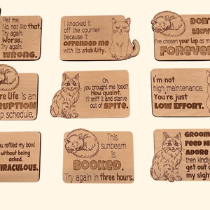 Nine wooden cat magnets with various cat illustrations and humorous sayings.