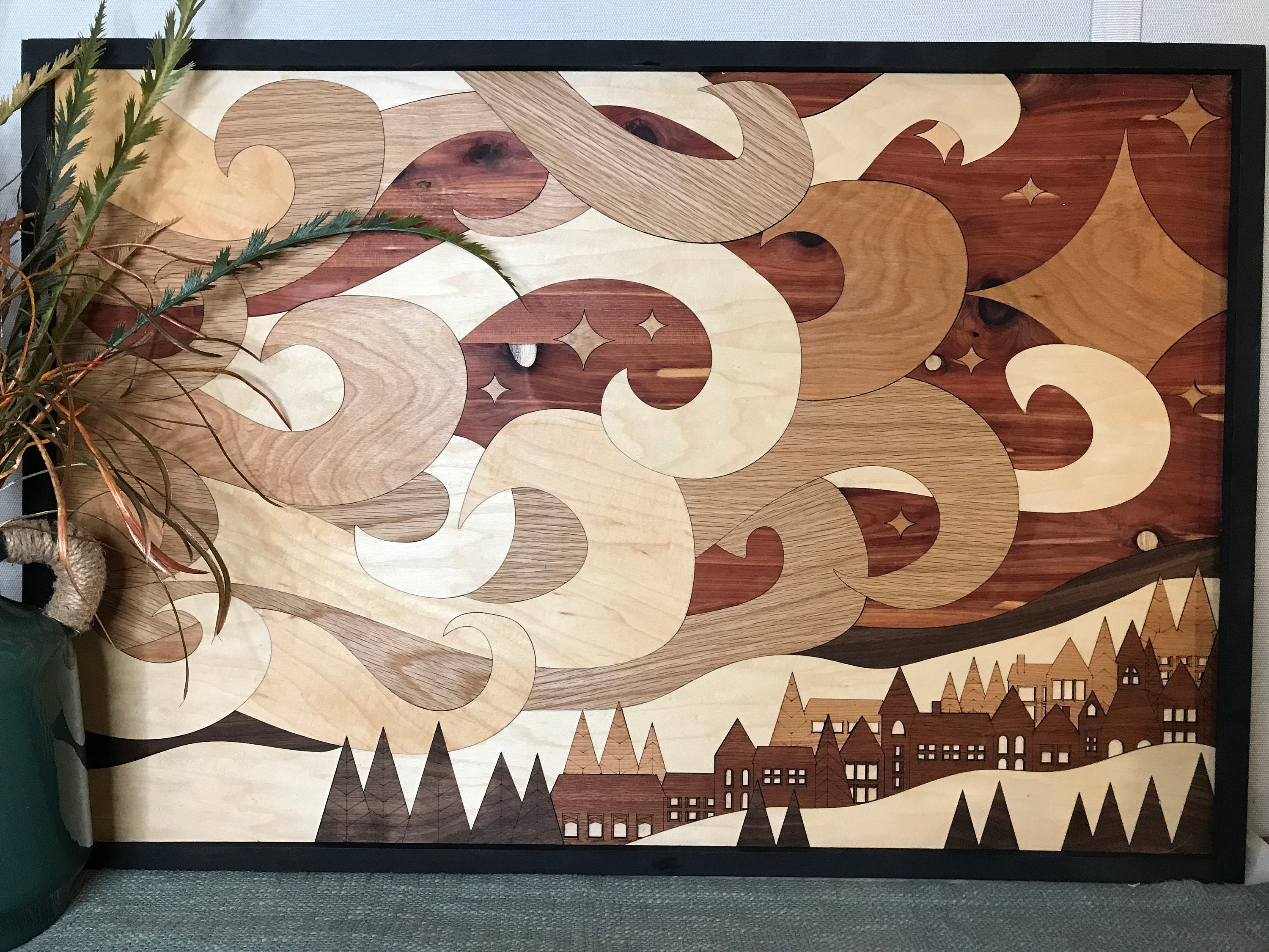 Windy Village Wood Wall Art, Art Piece, Alpine Landscape, Wooden