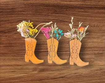 Western Svg-fil laserskuren designmall Cowgirl Boot Flower Holder rustik inredning bondgårdsfil lantlig charm hantverksmässa leverantörsprodukt
