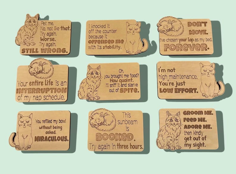 Nine wooden cat magnets with humorous sayings.
