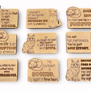 Ninewooden cat magnets with humorous sayings.