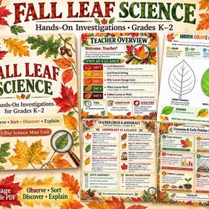 May include: A 27-page printable PDF titled Fall Leaf Science for grades K-2, featuring a teacher overview, answer key, and student activity sheets. The pages are decorated with colorful autumn leaves and acorns, including diagrams of leaf parts and hidden colors.