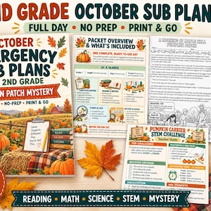 May include: A 40-page PDF educational pack titled 2nd Grade October Emergency Sub Plans Pumpkin Patch Mystery. The set includes a cover page, a packet overview, a reading passage, witness statements, and a Pumpkin Carrier STEM challenge guide.