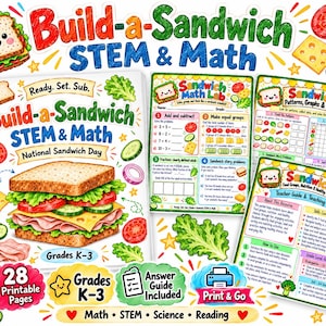 Könnte beinhalten: Ein Build-a-Sandwich STEM & Math Lernset für die Klassen K-3, bestehend aus druckbaren Seiten mit Matheaufgaben, Sandwich-Illustrationen und einem Lehrerleitfaden. Das farbenfrohe Design zeigt Brot, Salat, Tomate, Käse und Gurkenscheiben.