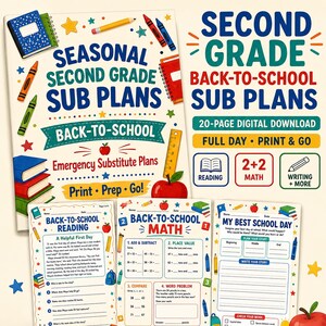 May include: A digital download set of second grade back-to-school sub plans featuring a cover page with school supplies, three activity worksheets for reading, math, and writing, and text including Seasonal Second Grade Sub Plans and Print Prep Go.