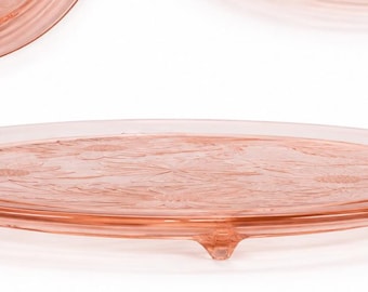 Antique 1920s  Pink Depression Glass Floral Cake Plate | Round Serving Platter with 3 Feet | Daisy Pattern Display Tray | 9.75” Diameter