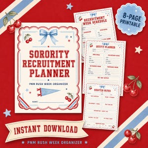 Puede incluir: Un planificador de reclutamiento de hermandad imprimible de 8 páginas con un tema en rojo, blanco y azul. Las páginas presentan ilustraciones de cerezas, lazos azules y texto rojo. La portada dice Sorority Recruitment Planner PNM Rush Week Organizer. Incluye planificador de atuendos.