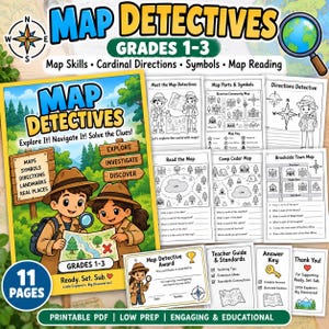 Map Skills Worksheets Grades 1-3, Cardinal Directions, Map Reading Activities, Compass Rose, Map Symbols, Geography Printable Packet