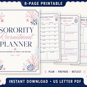 Peut inclure: Un planificateur de recrutement de sororité imprimable de 8 pages au format PDF US letter. La couverture présente un texte bleu marine Sorority Recruitment Planner, orné de corail rose et de coquillages rayés bleus sur fond blanc.