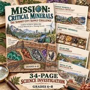 May include: A 34-page science investigation book titled Mission: Critical Minerals The Summit City Supply Challenge for grades 6-8. The cover features a cross-section of earth with mineral specimens, a city landscape, and a wind turbine.