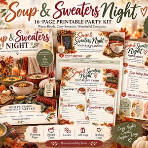 May include: A 16-page printable party kit titled Soup & Sweaters Night featuring autumn-themed graphics, soup recipe cards, voting ballots, and thank you tags. The kit includes planning pages, games, and gift tags with fall foliage designs.